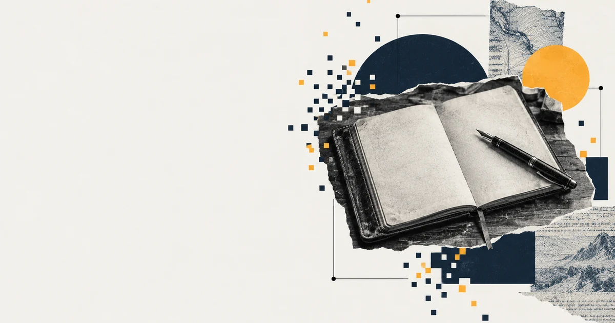 A worn leather notebook open on a desk with a fountain pen, a paper collage in slate blue and amber