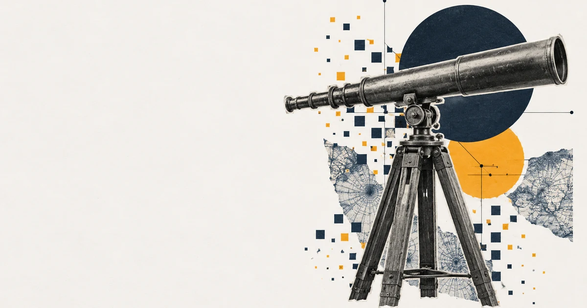 A brass telescope on a wooden tripod, a paper collage in slate blue and amber