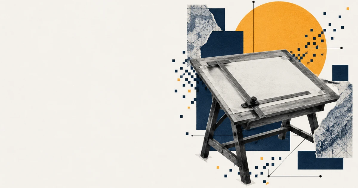 A drafting table with a T-square and one sheet of paper, a paper collage in slate blue and amber