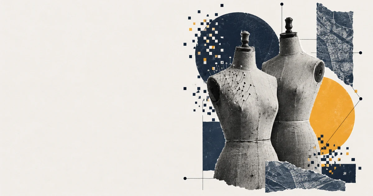 Two tailor's dress forms side by side, a paper collage in slate blue and amber
